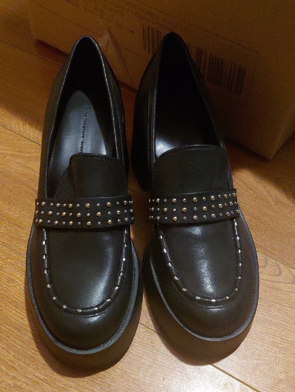 Black Studded Leather Loafers for Women by